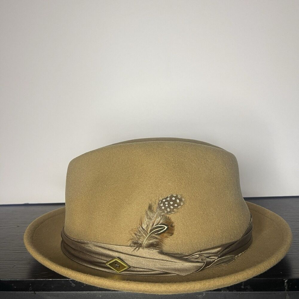 Stacy Adams Beige Fedora Hat Large Men Feather Accent Solid Lined